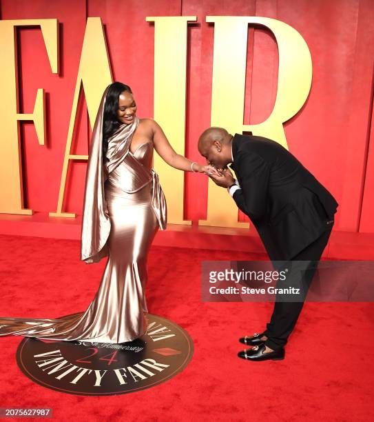 Zelie Timothy, Tyrese Gibson arrives at the 2024 Vanity Fair Oscar Party Hosted By Radhika Jones at Wallis Annenberg Center for the Performing Arts...
