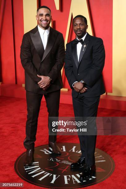 Jalen Hurts and Rich Paul attend the 2024 Vanity Fair Oscar Party hosted by Radhika Jones at Wallis Annenberg Center for the Performing Arts on March...