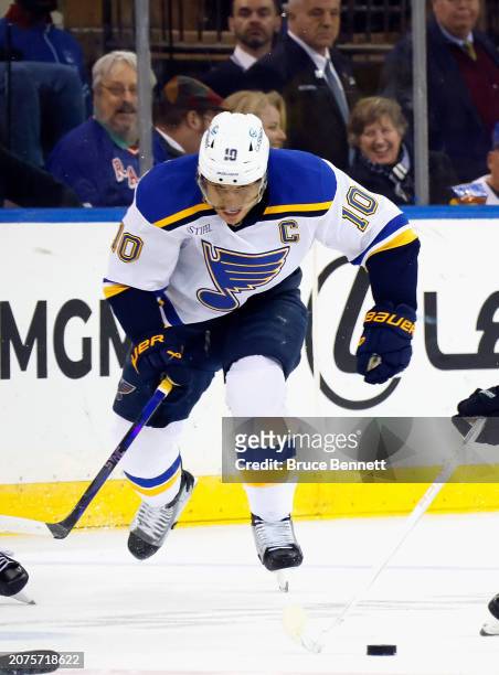 Brayden Schenn of the St. Louis Blues skates against the New York Rangers at Madison Square Garden on March 09, 2024 in New York City.