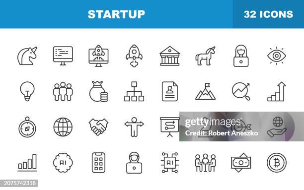 startup line icons. editable stroke. contains such icons as unicorn, growth, programming, venture capital, video conference, deal, agile, vision, achievement, founder, entrepreneur. - private equity stock illustrations