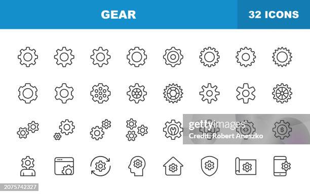 illustrazioni stock, clip art, cartoni animati e icone di tendenza di icone della linea degli ingranaggi. tratto modificabile. contiene icone come attrezzatura, motore, icona impostazioni, ingegneria, industria, parte macchina, progresso, tecnologia, riparazione, strumento, costruzione, ingranaggio. - cambio di marcia