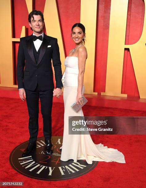 John Mulaney, Olivia Munn arrives at the 2024 Vanity Fair Oscar Party Hosted By Radhika Jones at Wallis Annenberg Center for the Performing Arts on...