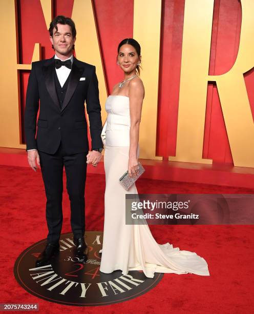 John Mulaney, Olivia Munn arrives at the 2024 Vanity Fair Oscar Party Hosted By Radhika Jones at Wallis Annenberg Center for the Performing Arts on...