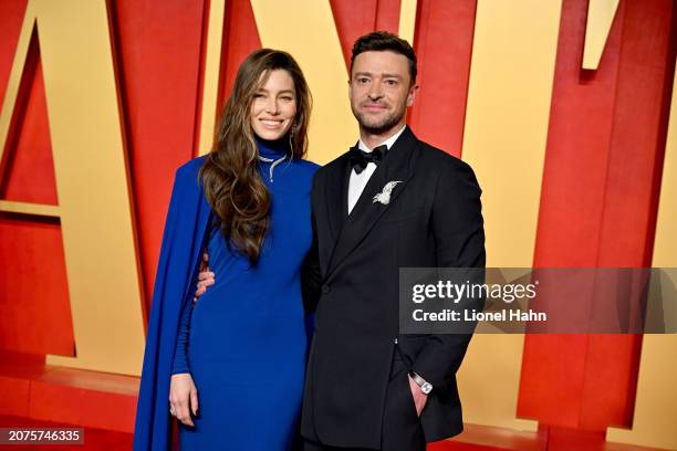 Jessica Biel, Justin Timberlake attend the 2024 Vanity Fair Oscar Party Hosted By Radhika Jones at Wallis Annenberg Center for the Performing Arts on...