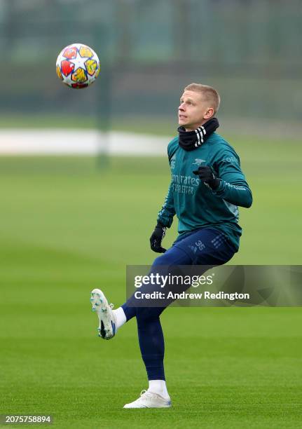 Oleksandr Zinchenko of Arsenal looks to control the ball during the Arsenal FC Training Session And Press Conference at Sobha Realty Training Centre...