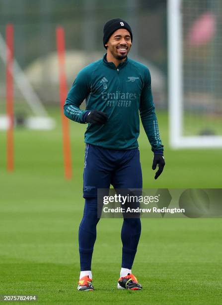 Gabriel Jesus of Arsenal looks on during the Arsenal FC Training Session And Press Conference at Sobha Realty Training Centre on March 11, 2024 in...