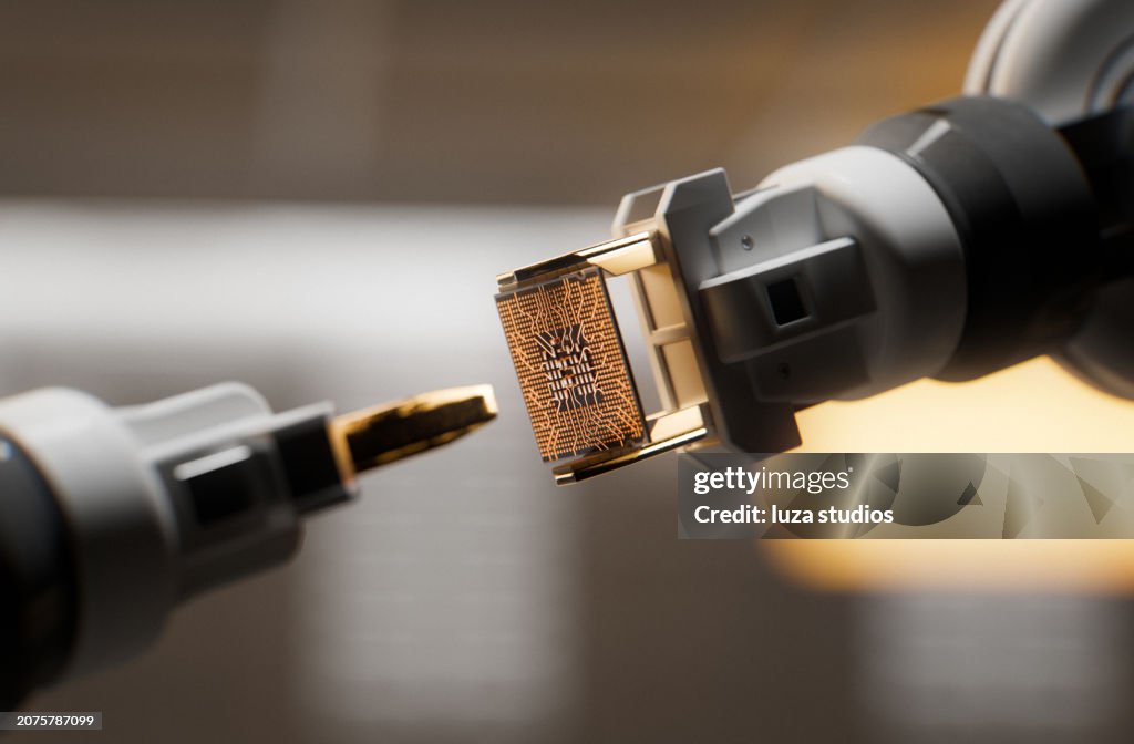 Roboterarm, der eine CPU an einen anderen Roboter weitergibt