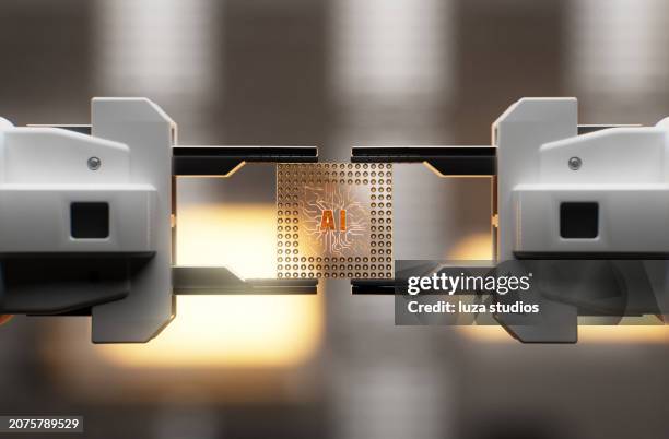 robotic arm holding a computer chip with ai - cpu stock pictures, royalty-free photos & images