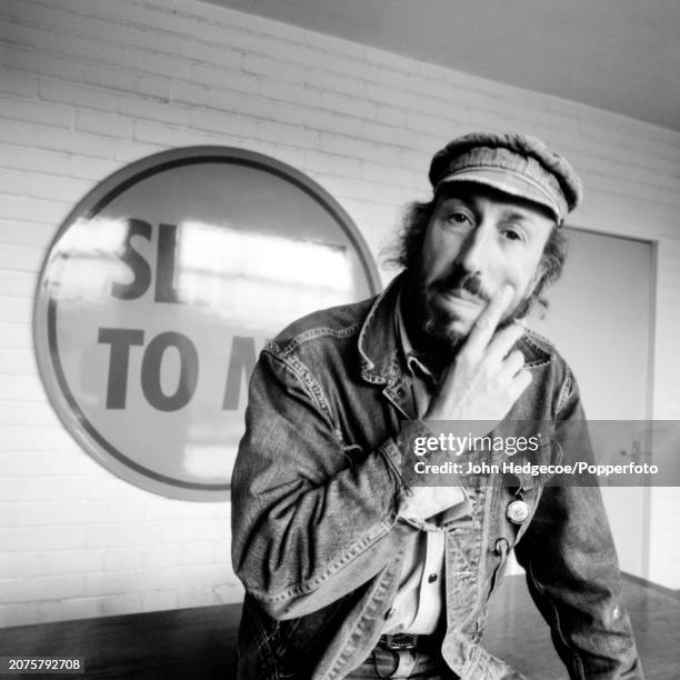 English painter and collage artist Richard Hamilton , one of Britain's first pop artists, posed in England in 1972. Hamilton is wearing a denim...