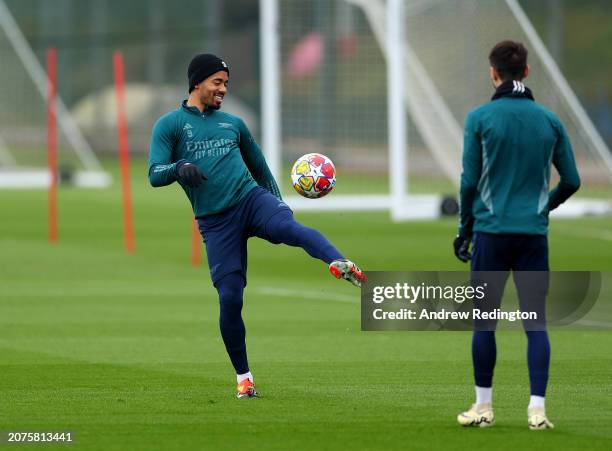 Gabriel Jesus of Arsenal controls the ball as he trains with teammates during the Arsenal FC Training Session And Press Conference at Sobha Realty...