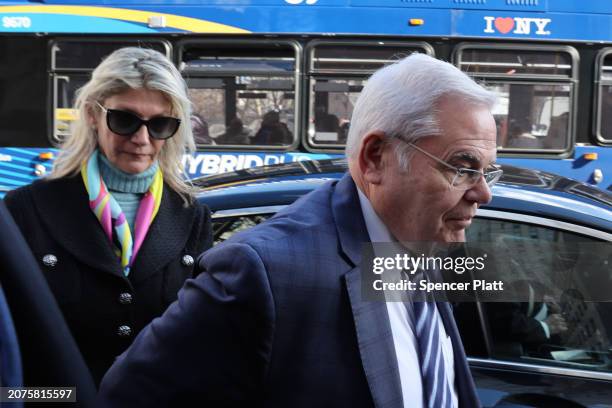 Senator Bob Menendez and his wife Nadine Menendez arrive at a Manhattan court for an arraignment on new charges in the federal bribery case against...