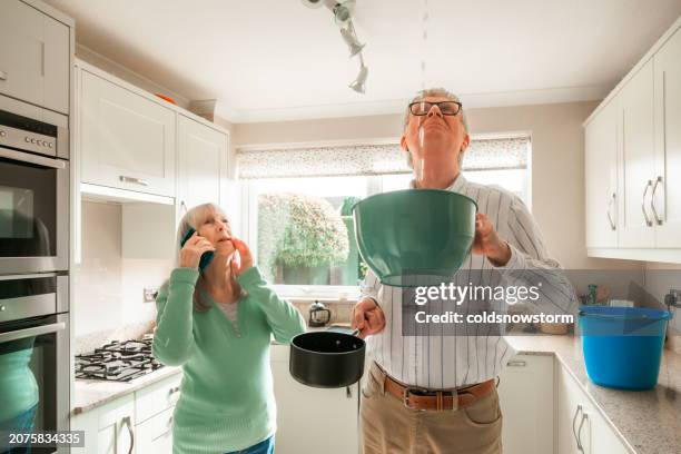 worried home owners dealing with water leak in the kitchen - leaking ceiling stock pictures, royalty-free photos & images