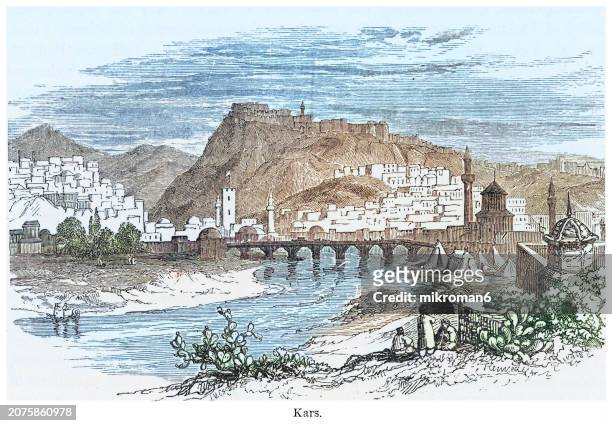 old engraved illustration of kars, a city in northeast turkey - town stock illustrations stock pictures, royalty-free photos & images