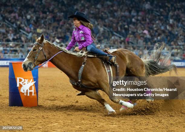 Shelley Morgan competes in barrel racing during the Super Series IV, Round 3 of the Rodeo Houston at the Houston Livestock Show and Rodeo at NRG...