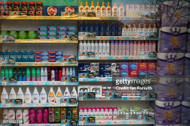 Shop sells hygiene and cleaning products in Middlesbrough town centre on March 11, 2024 in Middlesbrough, England. UK High Streets are suffering...