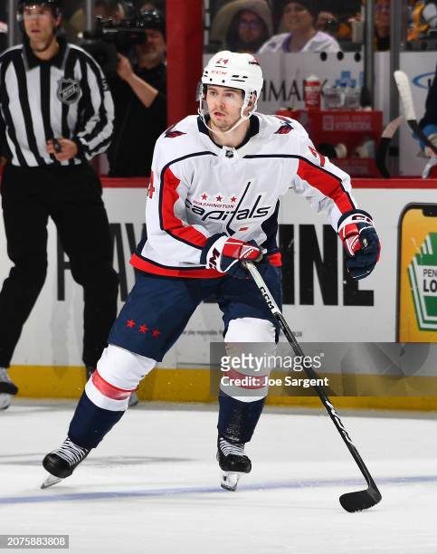Connor McMichael of the Washington Capitals skates against the Pittsburgh Penguins at PPG PAINTS Arena on March 7, 2024 in Pittsburgh, Pennsylvania.
