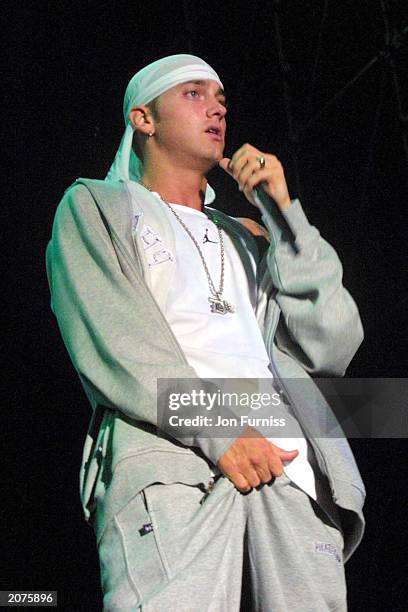 Rap star Eminem performs live on stage at the Carling Weekend Festival held at Temple Newsam, Leeds, England on August 24th 2001.