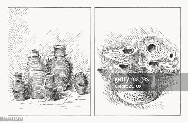 antique jewish jugs and oil lamps, wood engravings, published 1899 - oil lamp 幅插畫檔、美工圖案、卡通及圖標