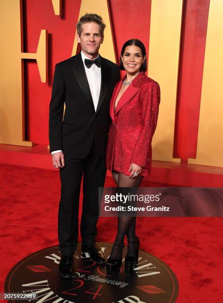 America Ferrera, Ryan Piers Williams arrives at the 2024 Vanity Fair Oscar Party Hosted By Radhika Jones at Wallis Annenberg Center for the...