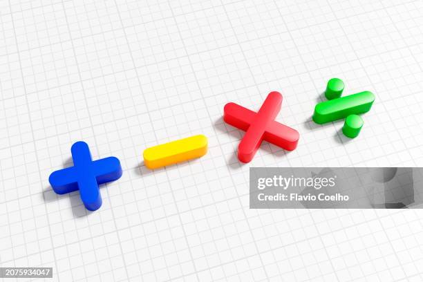 math symbols of addition, subtraction, multiplication and division on graph paper - moltiplicazione foto e immagini stock