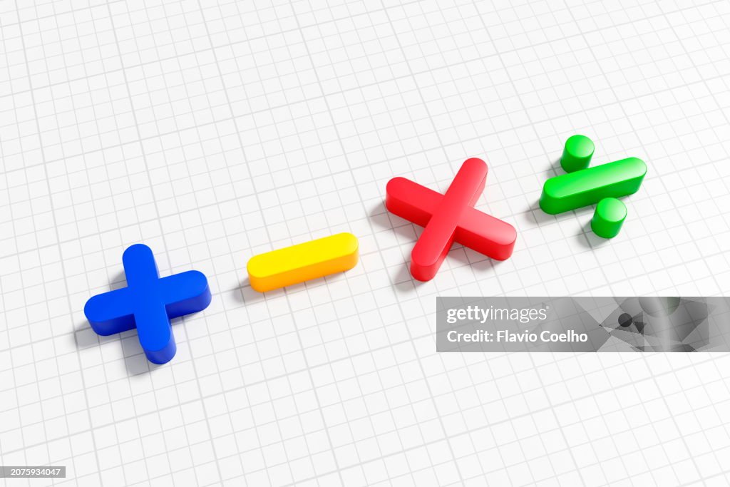 Math symbols of addition, subtraction, multiplication and division on graph paper