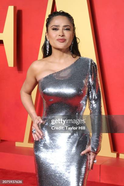 Salma Hayek attends the 2024 Vanity Fair Oscar Party hosted by Radhika Jones at Wallis Annenberg Center for the Performing Arts on March 10, 2024 in...