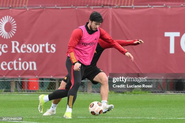 Roma player Sardar Azmoun in action during a training session at Centro Sportivo Fulvio Bernardini on March 11, 2024 in Rome, Italy.