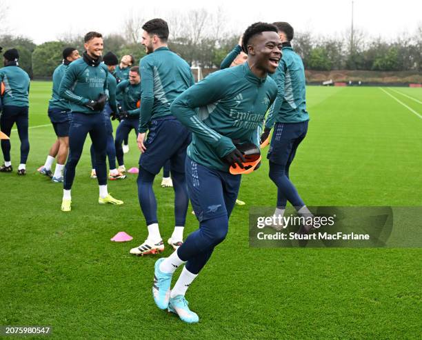 Bukayo Saka of Arsenal during a training session at Sobha Realty Training Centre on March 11, 2024 in London Colney, England.