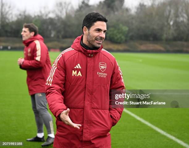 Arsenal manager Mikel Arteta during a training session at Sobha Realty Training Centre on March 11, 2024 in London Colney, England.