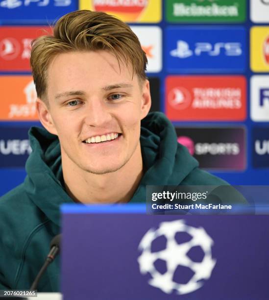 Arsenal captain Martin Odegaard attends a press conference at Sobha Realty Training Centre on March 11, 2024 in London Colney, England.