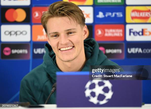 Arsenal captain Martin Odegaard attends a press conference at Sobha Realty Training Centre on March 11, 2024 in London Colney, England.