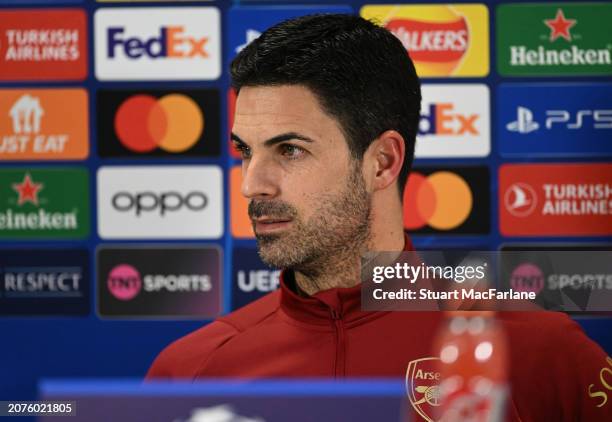 Arsenal manager Mikel Arteta attends a press conference at Sobha Realty Training Centre on March 11, 2024 in London Colney, England.