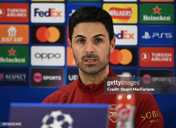 Arsenal manager Mikel Arteta attends a press conference at Sobha Realty Training Centre on March 11, 2024 in London Colney, England.