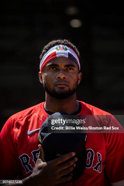 Pablo Reyes of the Boston Red Sox looks on before the 2024 Dominican Republic Series game against the Tampa Bay Rays at Estadio Quisqueya on March...