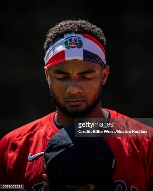 Pablo Reyes of the Boston Red Sox looks on before the 2024 Dominican Republic Series game against the Tampa Bay Rays at Estadio Quisqueya on March...