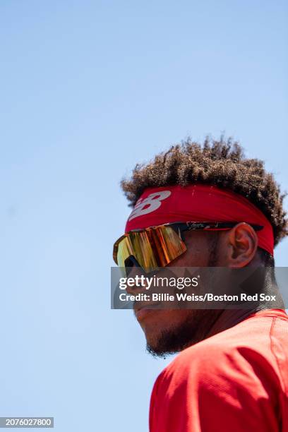 Ceddanne Rafaeal of the Boston Red Sox looks on before the 2024 Dominican Republic Series game against the Tampa Bay Rays at Estadio Quisqueya on...