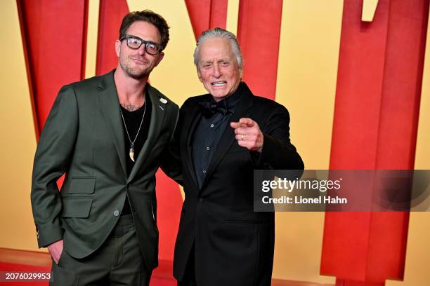 Cameron Douglas, Michael Douglas attend the 2024 Vanity Fair Oscar Party Hosted By Radhika Jones at Wallis Annenberg Center for the Performing Arts...