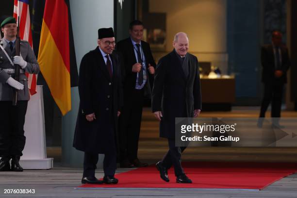 German Chancellor Olaf Scholz welcomes Malaysian Prime Minister Anwar Ibrahim at the Chancellery on March 11, 2024 in Berlin, Germany. Scholz is...