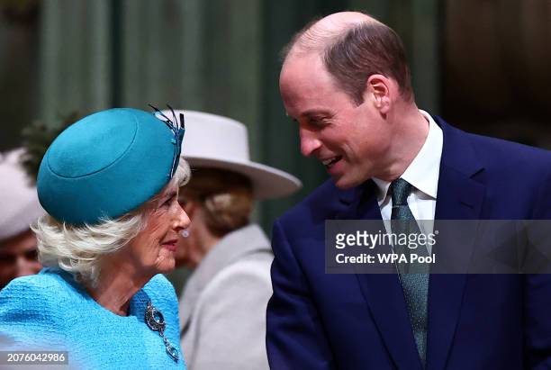 Britain's Queen Camilla and Britain's Prince William, Prince of Wales speak as they attend the 2024 Commonwealth Day Service at Westminster Abbey on...