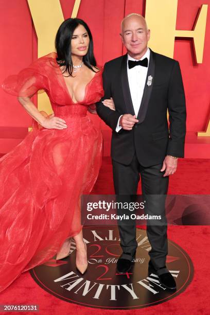 Lauren Sánchez and Jeff Bezos attends the 2024 Vanity Fair Oscar Party Hosted By Radhika Jones at Wallis Annenberg Center for the Performing Arts on...