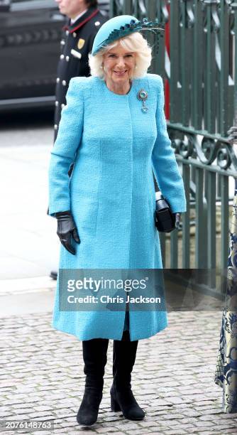 Queen Camilla arrives for the 2024 Commonwealth Day Service at Westminster Abbey on March 11, 2024 in London, England.