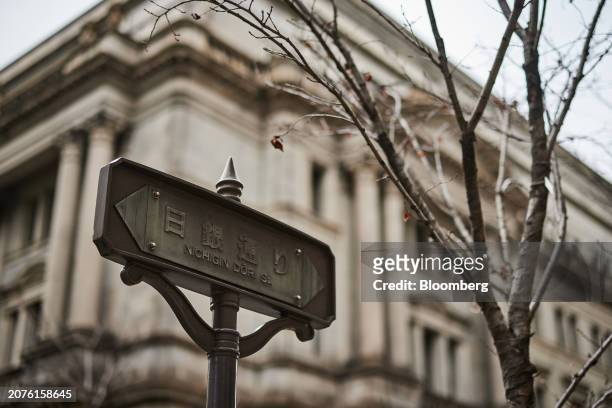 Street sign outside the Bank of Japan headquarters in Tokyo, Japan, on Thursday, March 14, 2024. Bank of Japan officials are edging closer to raising...