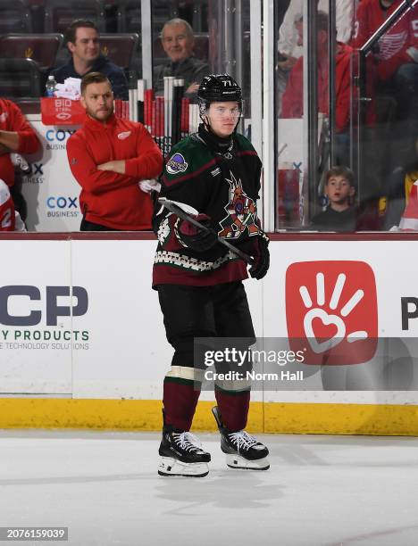 Victor Soderstrom of the Arizona Coyotes skates up ice against the Detroit Red Wings at Mullett Arena on March 08, 2024 in Tempe, Arizona.
