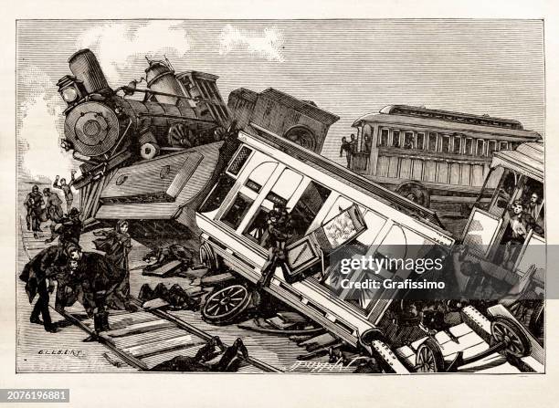 steam train crash 1890 - train crash stock illustrations