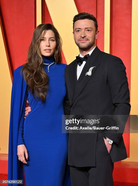 Jessica Biel and Justin Timberlake attend the 2024 Vanity Fair Oscar Party hosted by Radhika Jones at Wallis Annenberg Center for the Performing Arts...