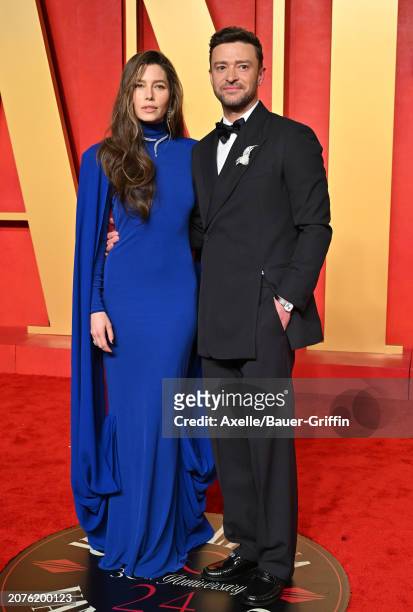 Jessica Biel and Justin Timberlake attend the 2024 Vanity Fair Oscar Party hosted by Radhika Jones at Wallis Annenberg Center for the Performing Arts...