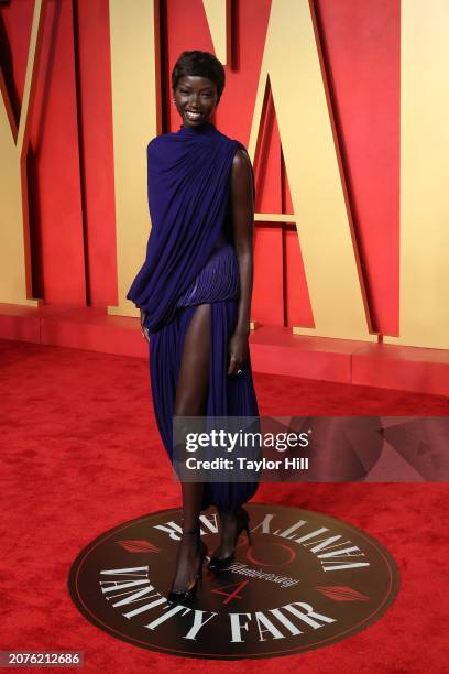 Anok Yai attends the 2024 Vanity Fair Oscar Party hosted by Radhika Jones at Wallis Annenberg Center for the Performing Arts on March 10, 2024 in...