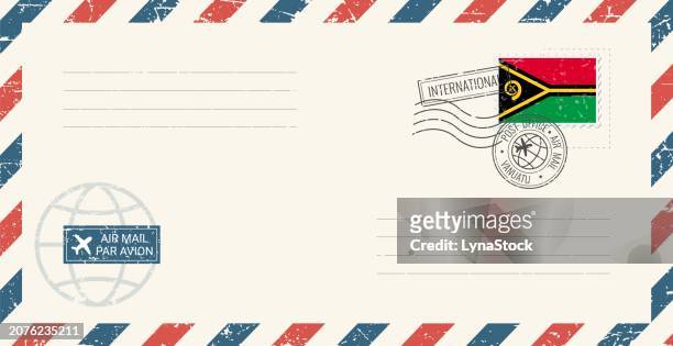 blank air mail grunge envelope with vanuatu postage stamp. vintage postcard vector illustration with vanuatu national flag isolated on white background. retro style. - vanuatu flag stock illustrations