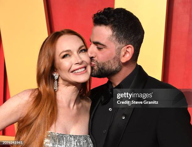 Lindsay Lohan, Bader Shammas arrives at the 2024 Vanity Fair Oscar Party Hosted By Radhika Jones at Wallis Annenberg Center for the Performing Arts...