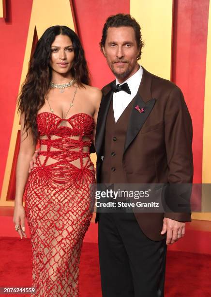 Camila Alves, Matthew McConaughey arrives at the 2024 Vanity Fair Oscar Party Hosted By Radhika Jones at Wallis Annenberg Center for the Performing...